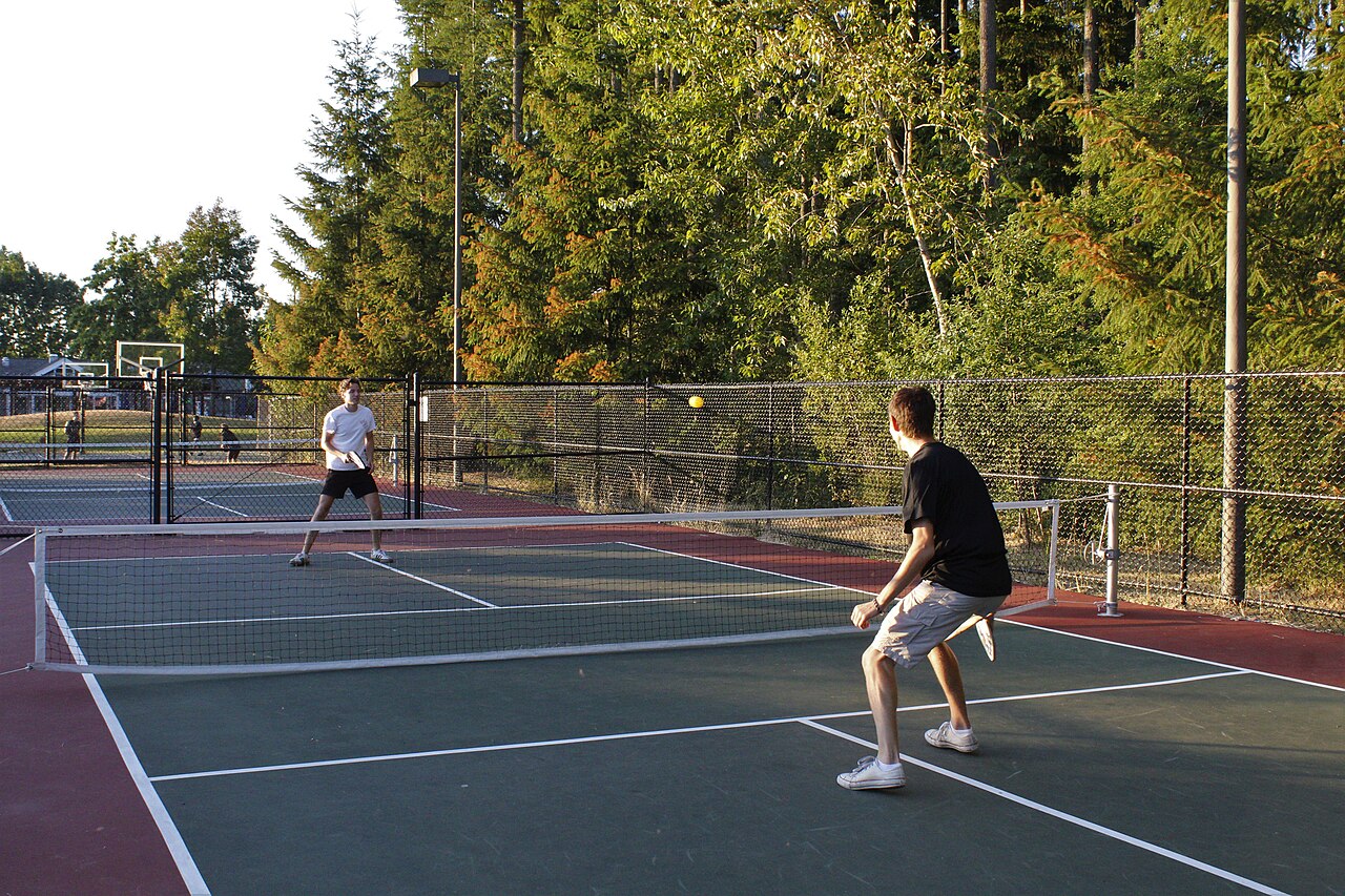 Two players rally on an outdoor pickleball court. The source does not identify this as a local venue.. Reference photograph — not the named local club or event..