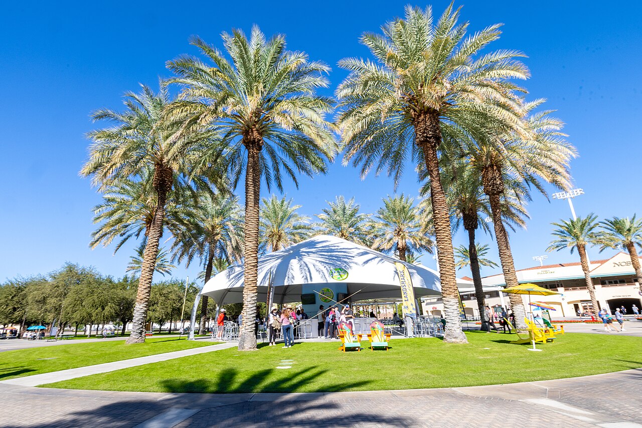 Choura Events Curved Beam Structure at Indian Wells Tennis Garden at 2022 Pickleball Tournament. Reference photograph; not represented as the Miami story venue or its named subjects..